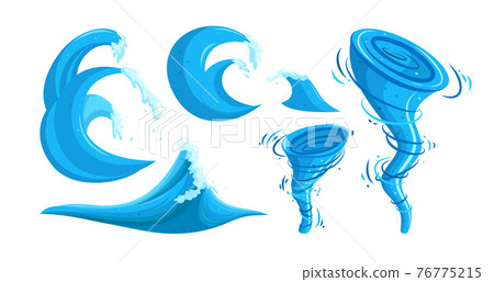 Waves and whirlpool set. Tsunami waves flooding the area. Vector illustration 76775215