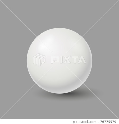 White round ball on gray surface. Sphere plastic empty metal decoration with light flares and shiny realistic. 76775579