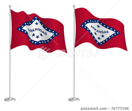 flag of american state of Arkansas on flagpole waving in wind. Holiday design element. Checkpoint for map symbols. Isolated vector on white background 76775596