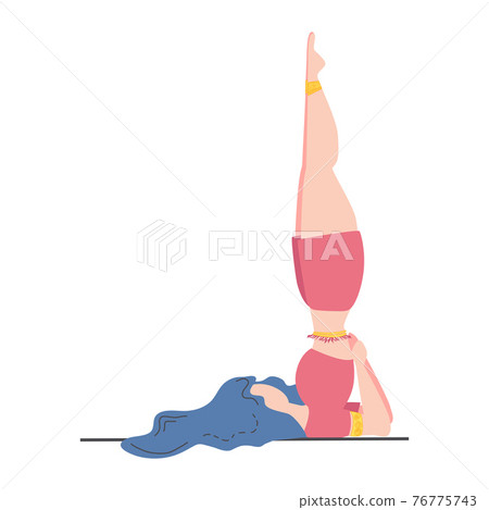 Woman in the pose of the Queen of Asanas - Sarvangasana. Yoga, concept of meditation, health benefits for the body, control of the mind and emotions. 76775743