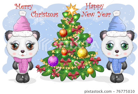Couple of cute cartoon panda bear with big eyes in a scarf and hat near the Christmas tree, boy and girl, greeting card 76775810