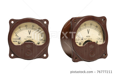 Old measuring device amperemeter on a white background in two angles 76777211