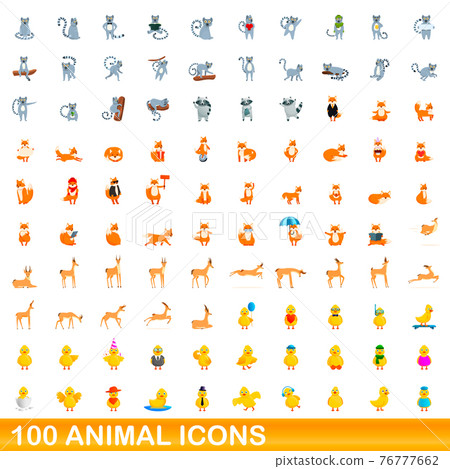 100 animal icons set, cartoon style 76777662
