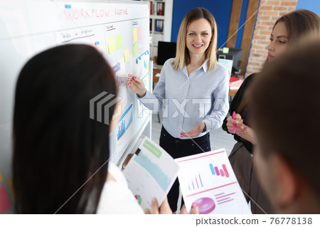 Business coach showing information to partners on chalkboard Business coach showing information to partners on chalkboard 76778138