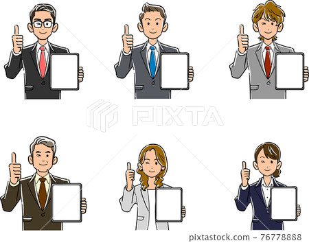 Men and women in suits holding tablet PCs and thumbs up Men and women in suits holding tablet PCs and thumbs up 76778888