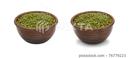 mung beans in clay bowl on white background, isolated and with shadow 76779223