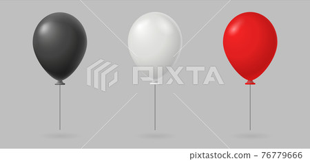 Soaring festive balloons. Black round holiday filled with red helium and shiny inflatable gradient realistic white latex. Soaring festive balloons. Black round holiday filled with red helium and shiny inflatable gradient realistic white latex. 76779666