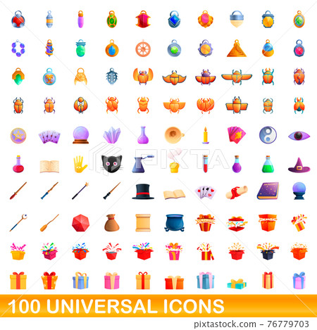 100 universal icons set, cartoon style 100 universal icons set, cartoon style 76779703