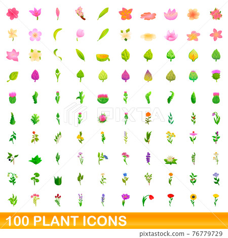 100 plant icons set, cartoon style 100 plant icons set, cartoon style 76779729