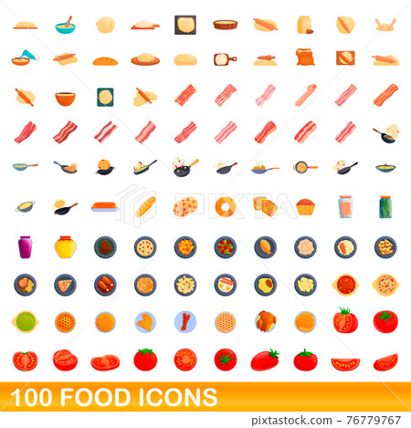 100 food icons set, cartoon style 100 food icons set, cartoon style 76779767