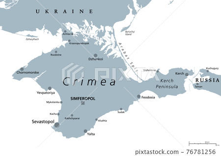 Crimea gray political map. Peninsula in Eastern Europe on northern coast of the Black Sea with disputed status. Controlled and governed by Russia, internationally recognized as part of Ukraine. Vector 76781256