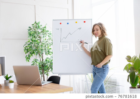 Online flipchart presentation in the office, webinar, online meeting. Young business woman speaks to the audience video call, video connection 76781618