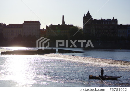 Czech Prague A man fishing on the Vltava river 76781922