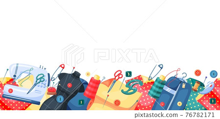 Sewing item and tailoring equipment banner with copy space Sewing item and tailoring equipment banner with copy space 76782171