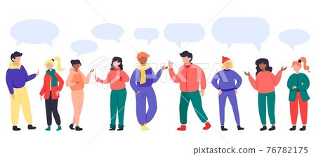 Diverse young people talking with chat bubble Diverse young people talking with chat bubble 76782175