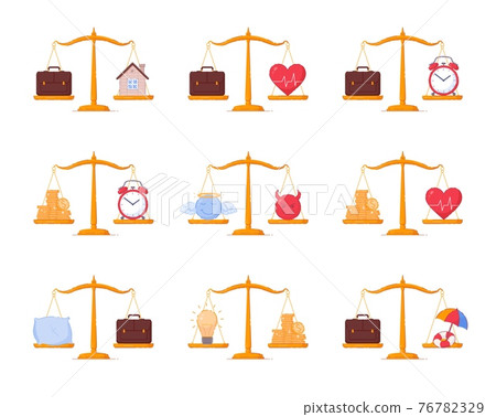 Weighing scale work life balance set isolated on white Weighing scale work life balance set isolated on white 76782329