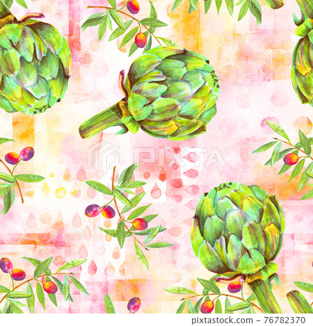 A seamless watercolor pattern of vibrant olive tree branches with olives and artichokes 76782370