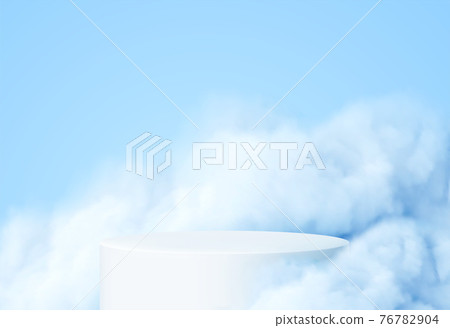 Blue background with a product podium surrounded by blue clouds. Smoke, fog, steam background. Vector illustration 76782904