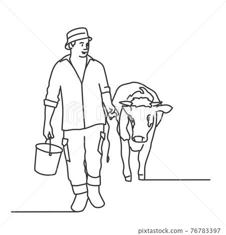 Farmer in hat with bucket and cow. Farmer in hat with bucket and cow. 76783397