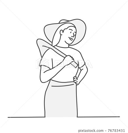 Cute girl with a hoe on her shoulder. Cute girl with a hoe on her shoulder. 76783431