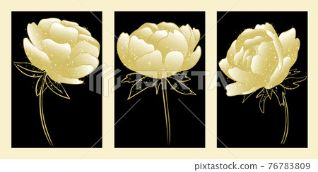 Set of golden peonies. Flowers of gold on a black background. Wall decoration. Template for cards and invitations. Modular picture. Vector. 76783809