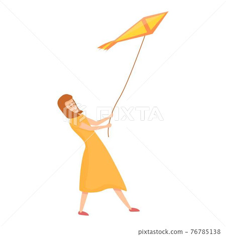 Woman playing kite icon, cartoon style 76785138