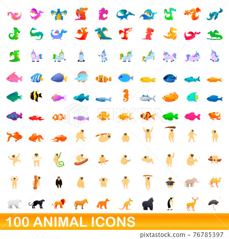 100 animal icons set, cartoon style 76785397