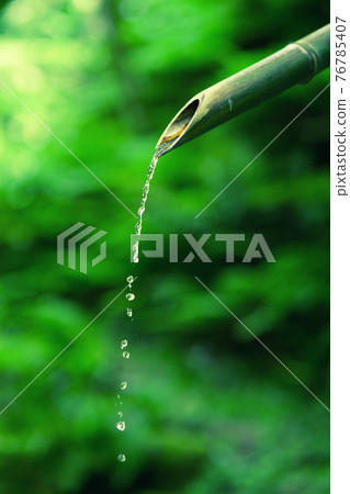 Water flowing from a bamboo pipe into the fresh green Water flowing from a bamboo pipe into the fresh green 76785407