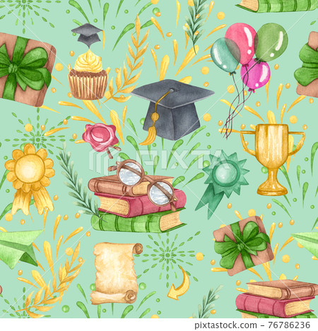 Graduation seamless pattern. graduation cap, flowers and stack of books. Hand drawn school supplies background Graduation seamless pattern. graduation cap, flowers and stack of books. Hand drawn school supplies background 76786236