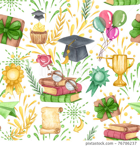 Graduation seamless pattern. graduation cap, flowers and stack of books. Hand drawn school supplies background 76786237