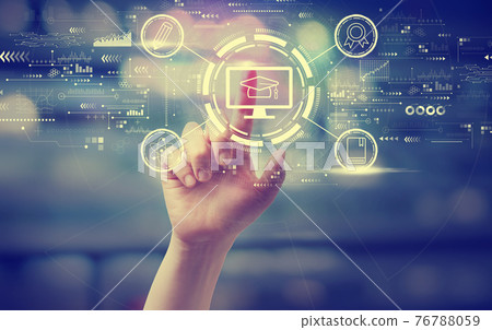 E-learning concept with a hand pressing a button E-learning concept with a hand pressing a button 76788059