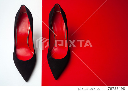 Women's shoes top view. Copy space text. 76788498