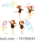 Little girl gymnast practicing with.a ribbon on white background set 76789045