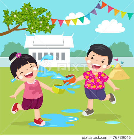 Thai kids splashing water in Songkran festival at the temple. 76789046