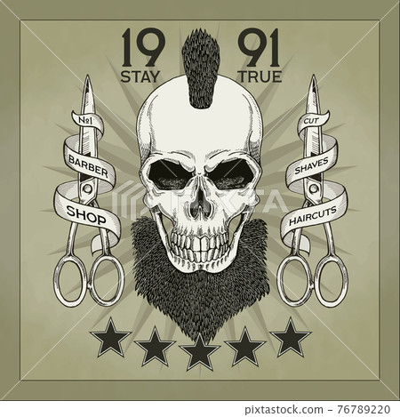 Vintage, hipster skull barbershop logo in old style, vector. Vintage, hipster skull barbershop logo in old style, vector. 76789220