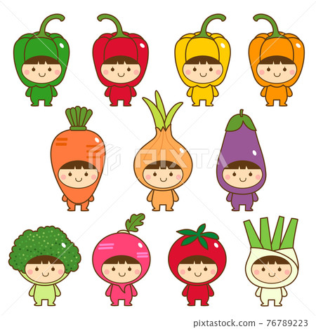 Set of kids in cute vegetables costumes 76789223