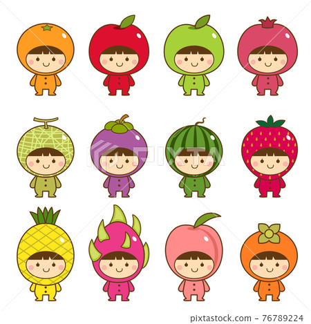 Set of kids in cute fruits costumes Set of kids in cute fruits costumes 76789224