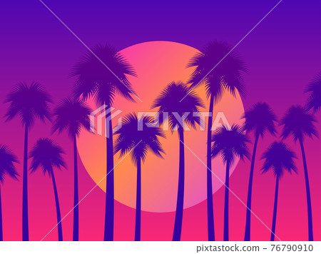 Tropical sunset with palms and gradient sun in 80s style. Design for advertising brochures, banners, posters, travel agencies. Vector illustration Tropical sunset with palms and gradient sun in 80s style. Design for advertising brochures, banners, posters, travel agencies. Vector illustration 76790910