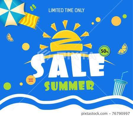 Bright Sale banner template blue design with summer sun. Text sale Summer, 76790997