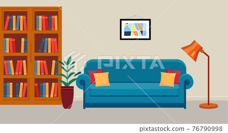 Interior of public library. Room with bookcase, sofa and reading lamp. 76790998