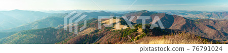 Mountain wilderness landscape, panorama forest-covered mountain range hills, nature Carpathians Ukraine, warm autumn day October. Mountain wilderness landscape, panorama forest-covered mountain range hills, nature Carpathians Ukraine, warm autumn day October. 76791024