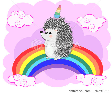 A cute cartoon hedgehog with a unicorn horn on a rainbow. Concept everyone can be unicorn 76791082