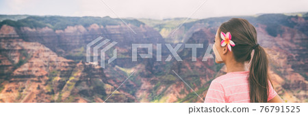 Hawaii travel hiking woman hiker at Kauai Waimea canyon banner panorama of nature lansdcape. Mountains background. 76791525