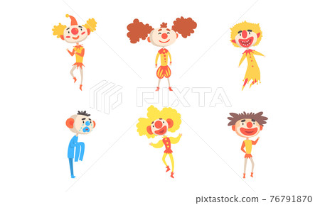 Circus Clowns Set, Funny Comedians and Jesters Performing in Colorful Costumes Cartoon Vector Illustration 76791870
