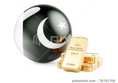 Golden ingots with Pakistani flag. Foreign-exchange reserves of Pakistan concept. 3D rendering Golden ingots with Pakistani flag. Foreign-exchange reserves of Pakistan concept. 3D rendering 76792709