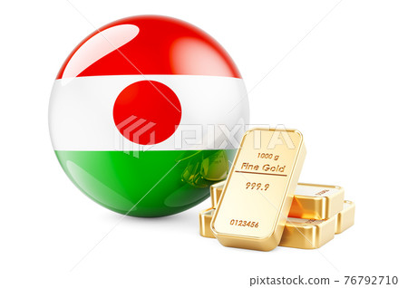 Golden ingots with Niger flag. Foreign-exchange reserves of Niger concept. 3D rendering 76792710