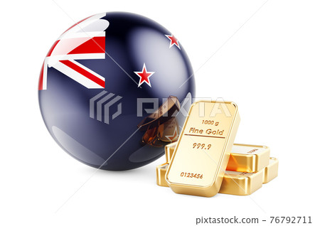 Golden ingots with New Zealand flag. Foreign-exchange reserves of New Zealand concept. 3D rendering Golden ingots with New Zealand flag. Foreign-exchange reserves of New Zealand concept. 3D rendering 76792711