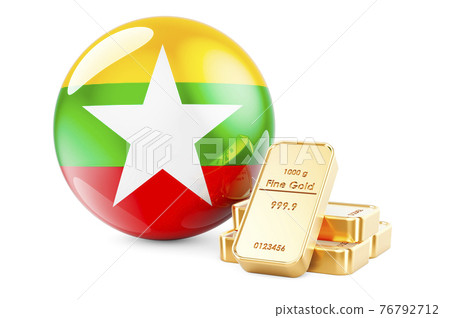 Golden ingots with Myanmar flag. Foreign-exchange reserves of Myanmar concept. 3D rendering 76792712