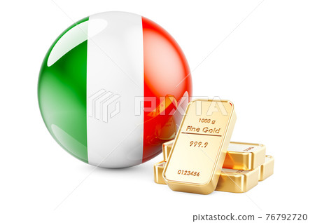 Golden ingots with Irish flag. Foreign-exchange reserves of Ireland concept. 3D rendering 76792720