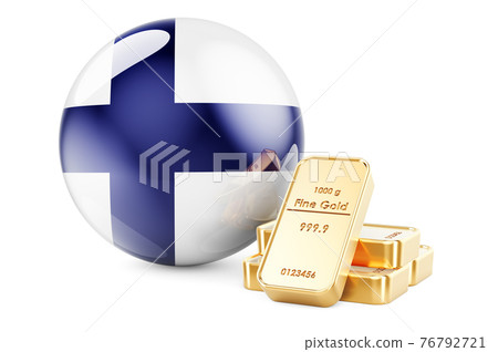 Golden ingots with Finnish flag. Foreign-exchange reserves of Finland concept. 3D rendering Golden ingots with Finnish flag. Foreign-exchange reserves of Finland concept. 3D rendering 76792721